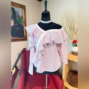 Endless Rose Pink & White Striped Off-Shoulder Ruffle Button-Down